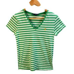 Ralph‎ Lauren Sport Top Women Medium Green White Striped Pima Cotton Preppy Y2k
